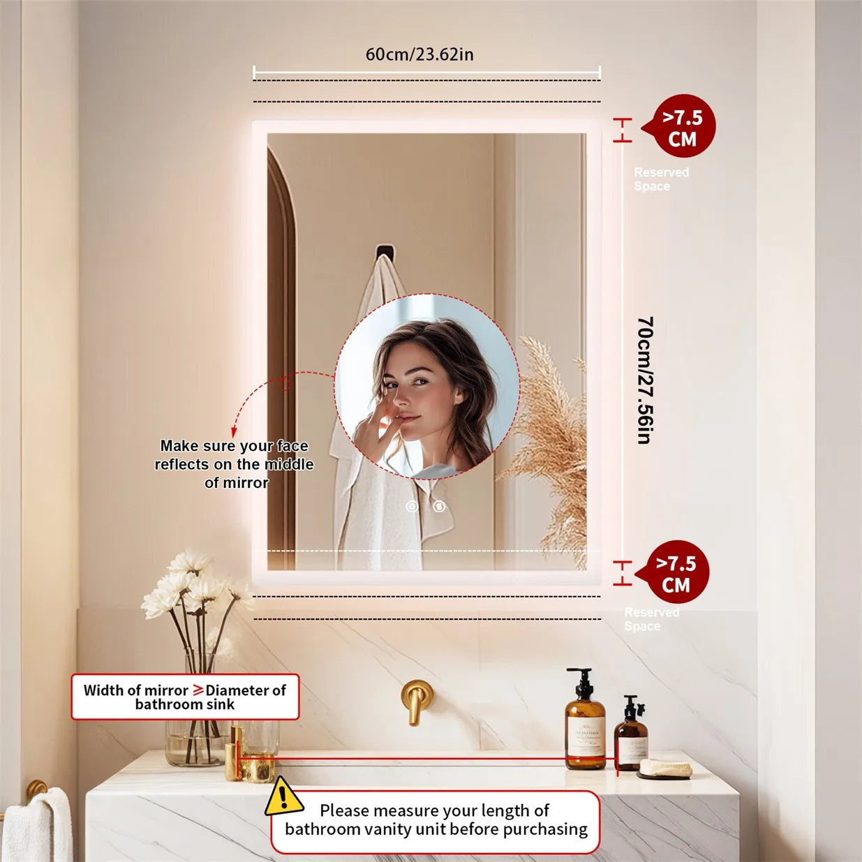 Wall Mirror w Anti-fog, Dual buttons, Memory, Tri-color light, Touch Dimmable