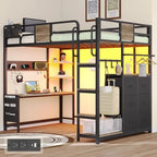 Twin Loft Bed with Desk, Twin Bed Frame with 6 Storage Drawers, 2 Bedside Organizer, 3 Movable Hooks, LED Lights