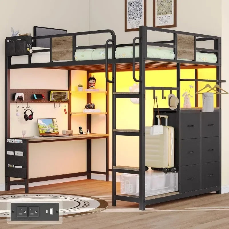 Twin Loft Bed with Desk, Twin Bed Frame with 6 Storage Drawers, 2 Bedside Organizer, 3 Movable Hooks, LED Lights