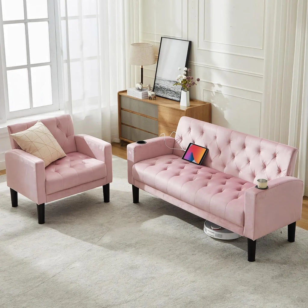 Pink Velvet Loveseat Sofa Set w/ 2 USB & 2 Cupholders