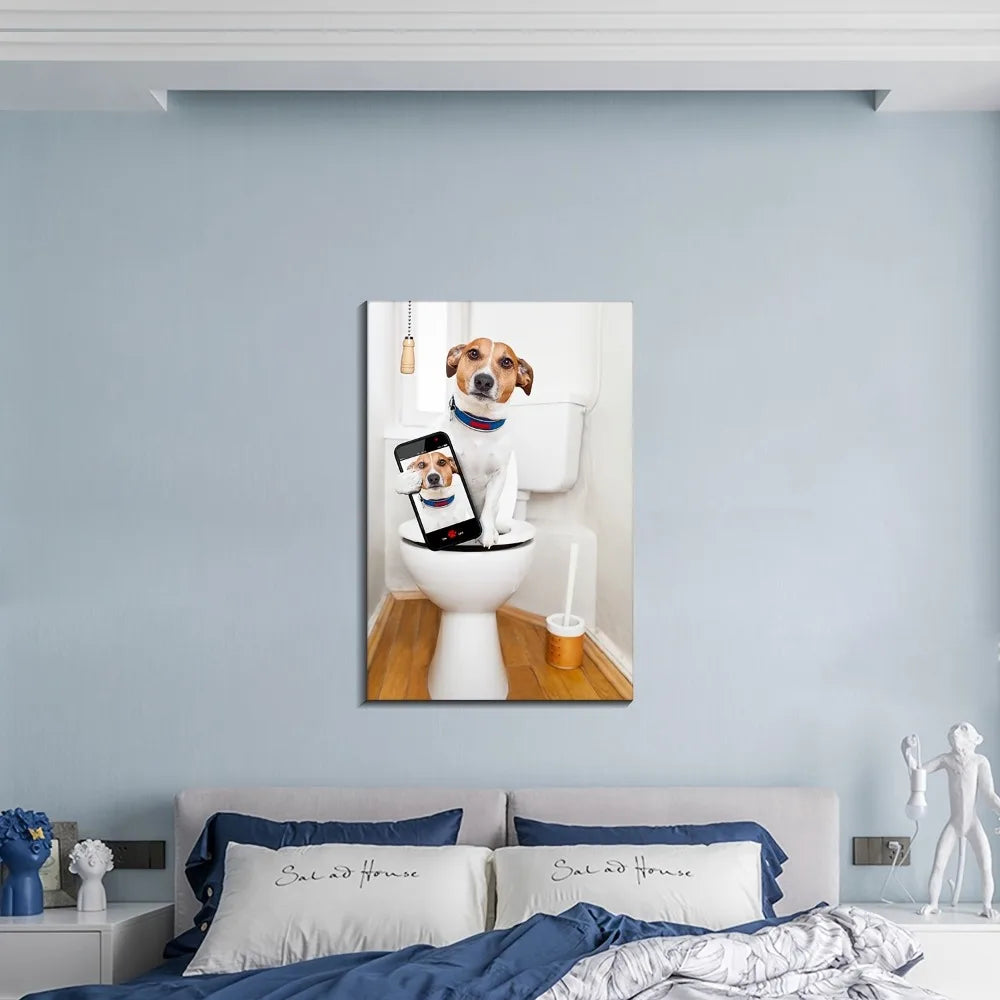 Funny Dog Toilet Selfie Canvas Wall Painting