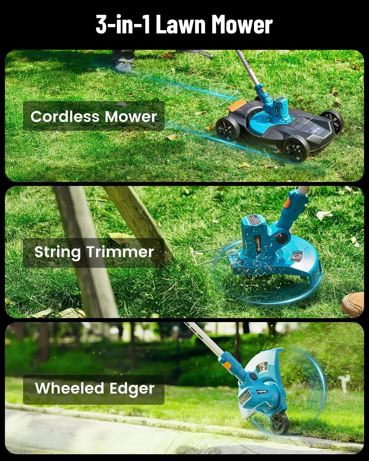 3 in 1 Cordless Weed Wacker Grass Eater 12"Lawn Mower 5-Speed for Yard