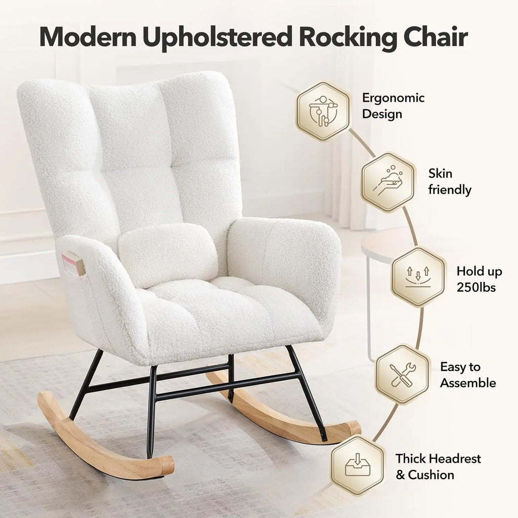 Modern Upholstered Nursery Rocking Chairs, with Side Pocket High Back