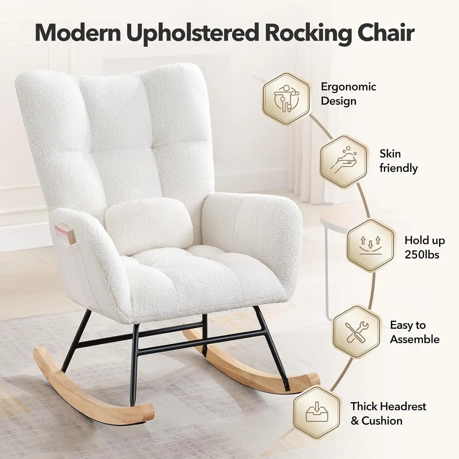 Modern Upholstered Nursery Rocking Chairs, with Side Pocket High Back