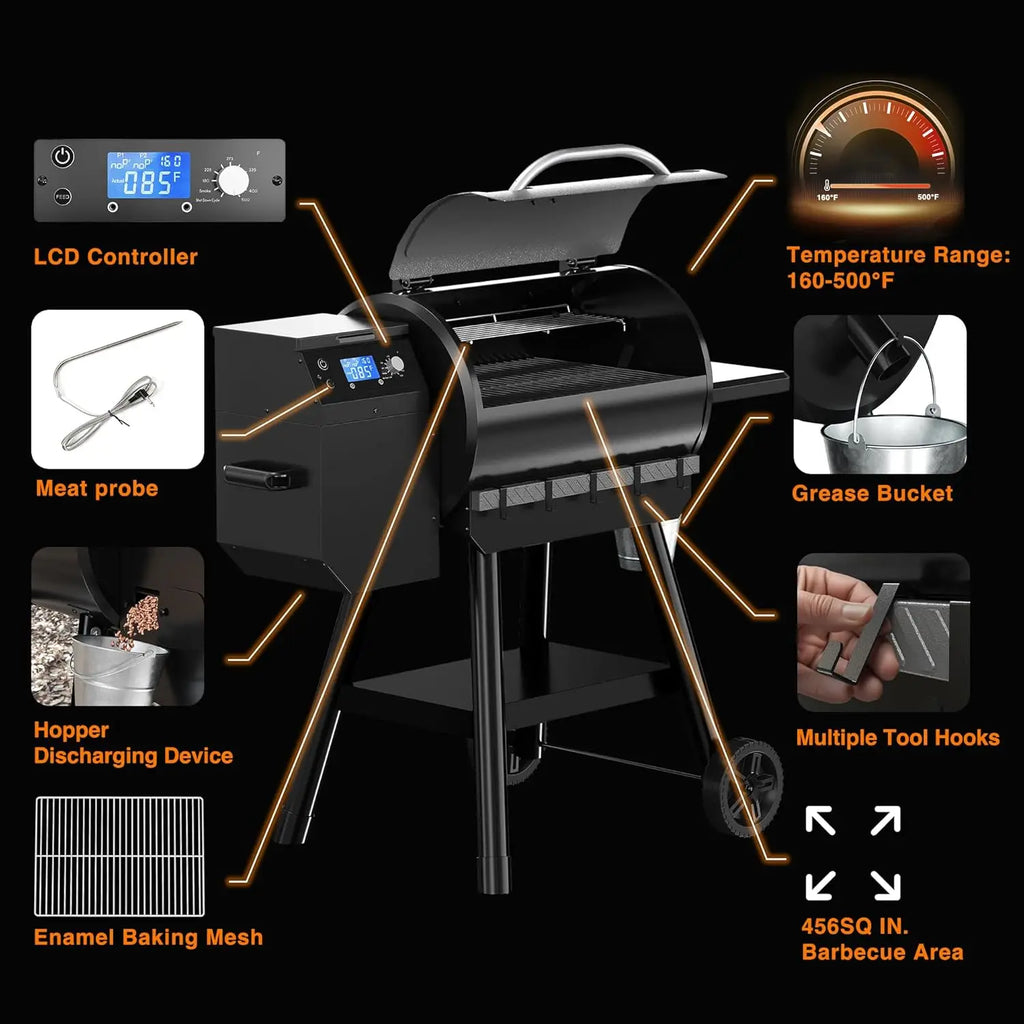 LCD Control Wood Pellet Smoker Grill, 456 SQ. IN Cook Area, Pellet Grill with Auto Feed
