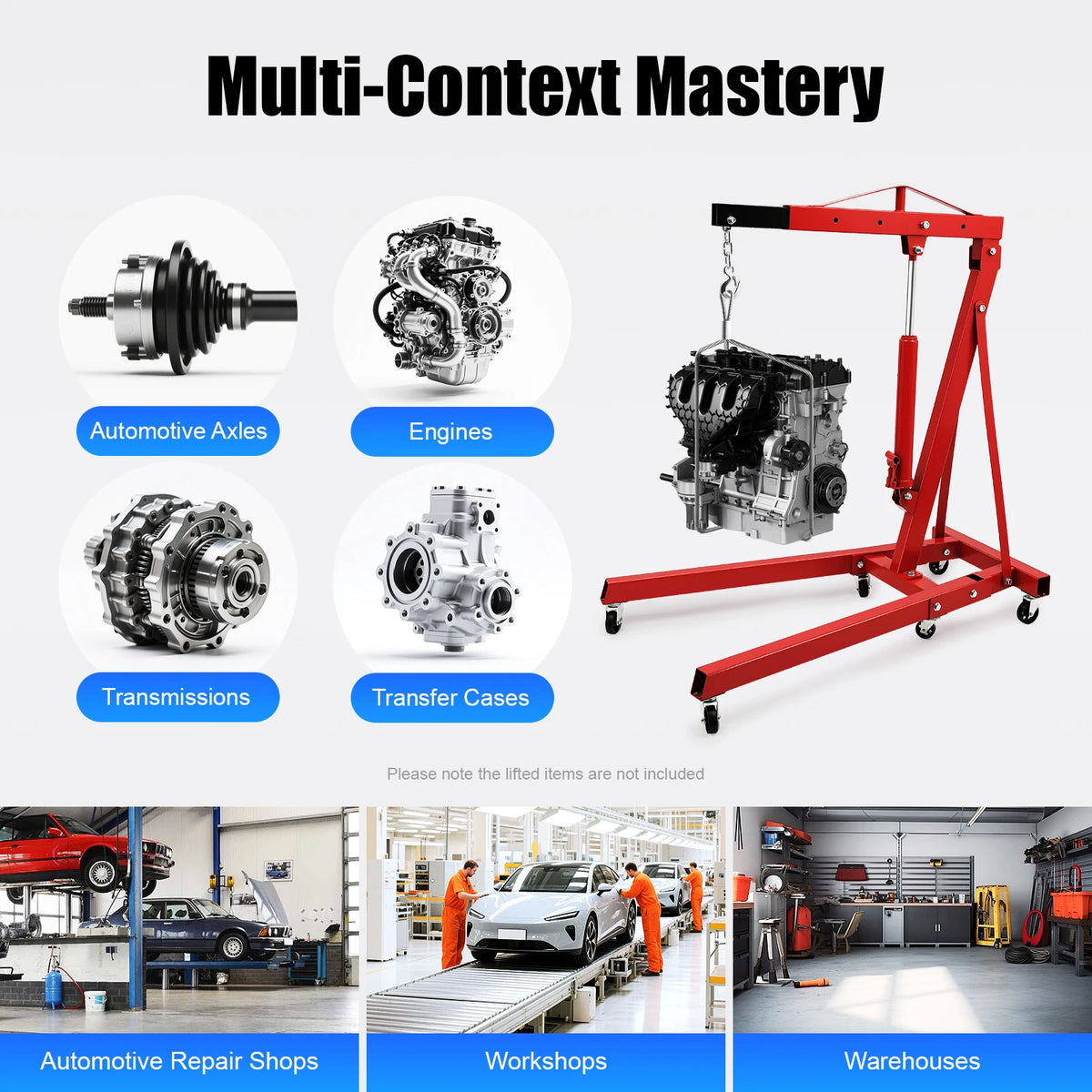 2T/4409lbs Folding Hydraulic Powered Engine Hoist Carbon Steel with 6 Iron Caster Wheels 0-6.89ft Lifting Height Range