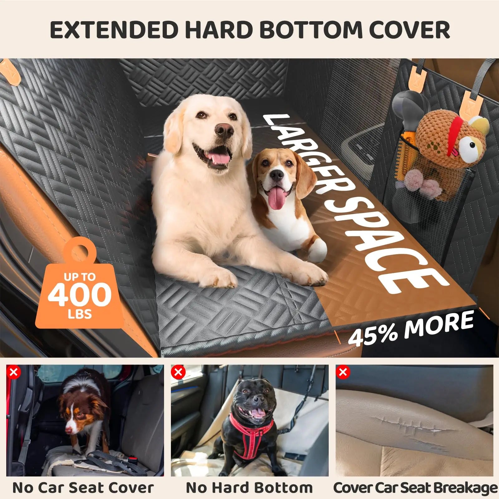 Hard Bottom Rear Seat Extender, Load-Bearing 400 Pounds, 600D Heavy-Duty Anti-Scratch Washable