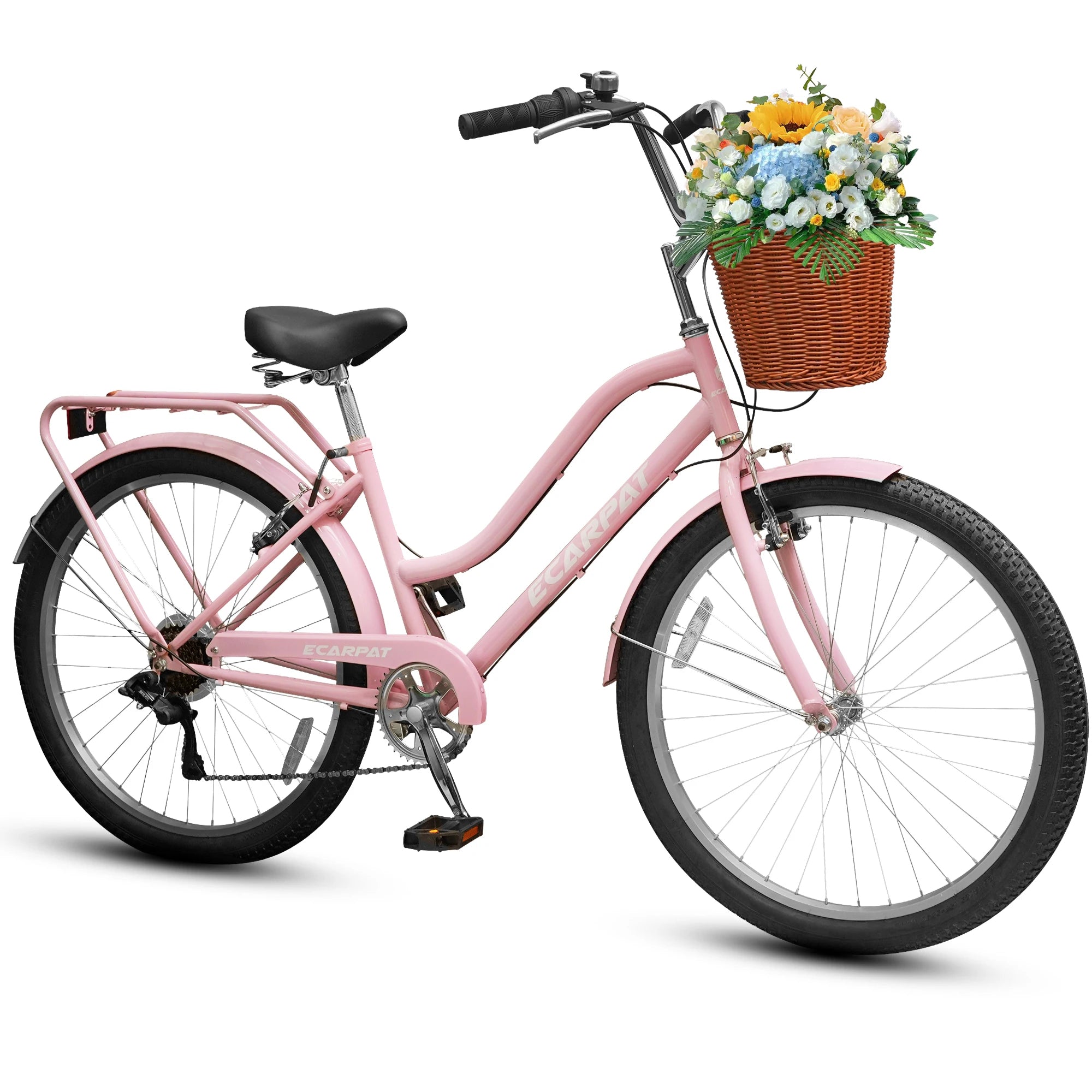 26 Inch Beach Cruiser Bike for Women, 7 Speed Commuter Bicycle with Rear Rack and Basket, Steel Frame Comfortable City Bike with Dual V-Brakes for Adults