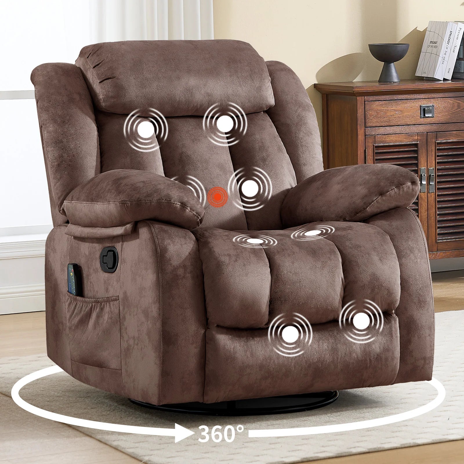Massage Rocker Recliner with Heat and Vibration, 360 Degree Swivel Manual Antiskid Fabric Single Sofa Heavy Duty Reclining Chair