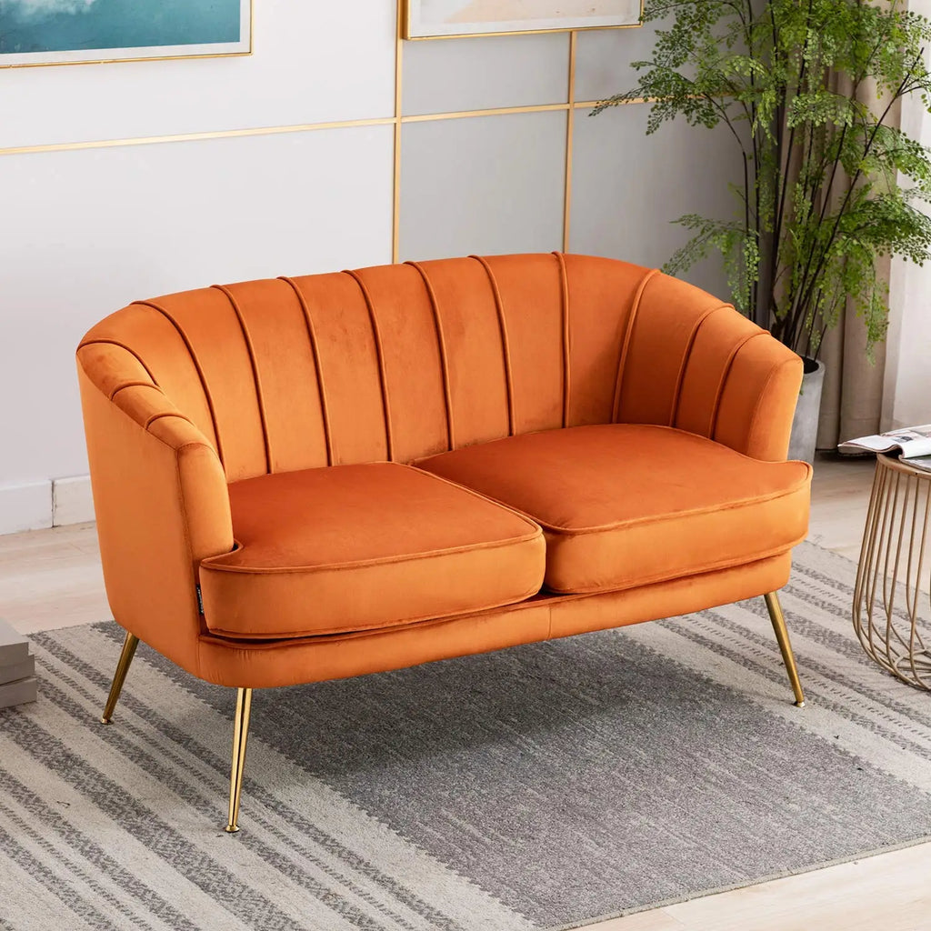 Contemporary Velvet Loveseat Chair with Gold-Finished Metal Legs, 2-Seat Sofa for Living Room, Bedroom, Home Office, Grey