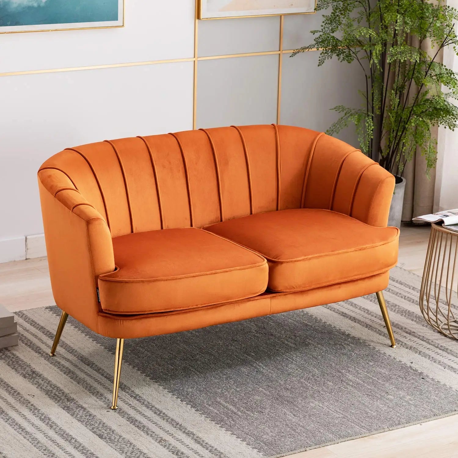 Contemporary Velvet Loveseat Chair with Gold-Finished Metal Legs, 2-Seat Sofa for Living Room, Bedroom, Home Office, Grey