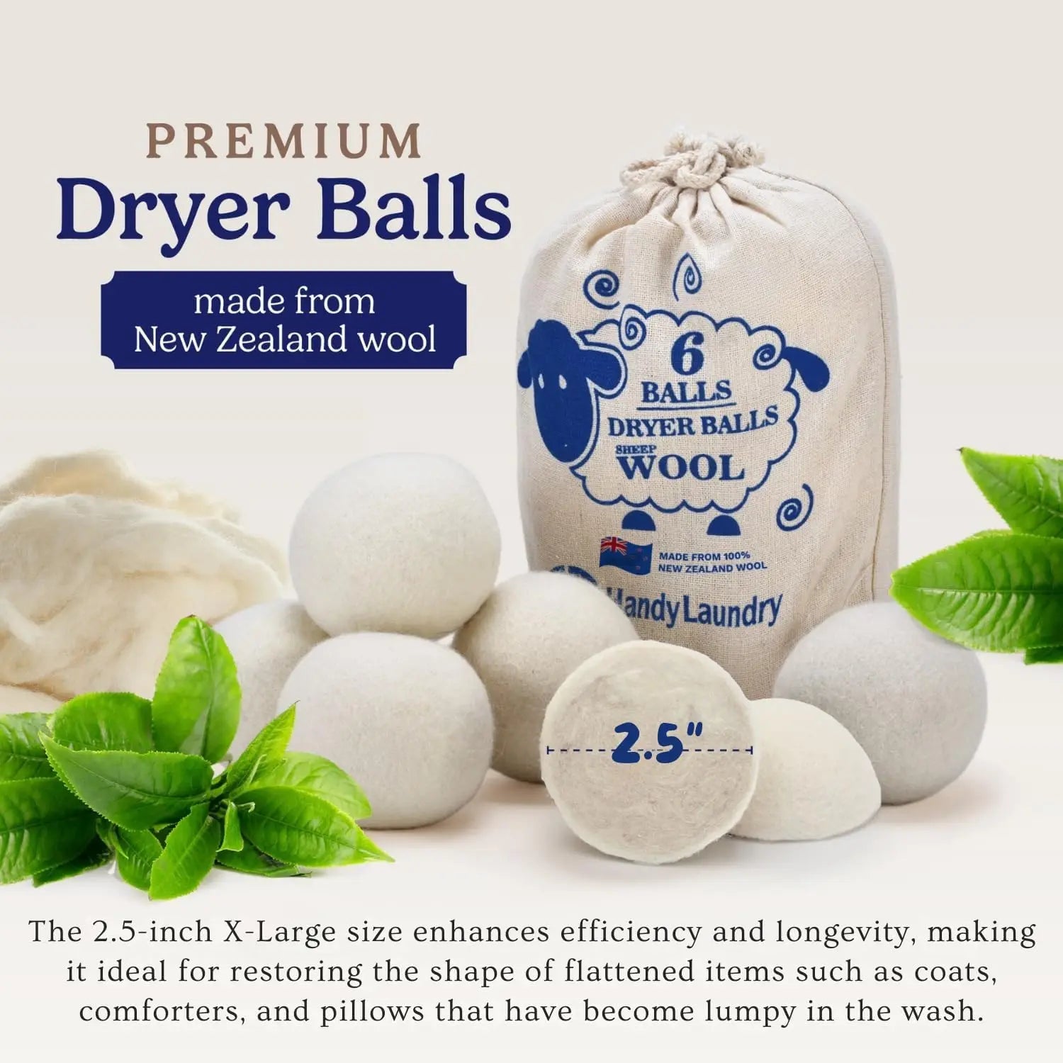 Natural Wool Dryer Balls - Reusable Fabric Softener, Reduces Wrinkles and Saves Drying Time (6-Pack)