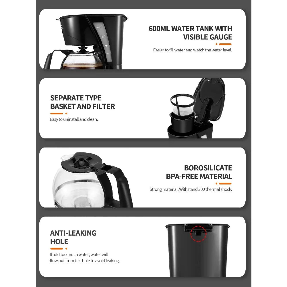 Compact Coffee Machine With Reusable Filter, Warming Plate And Coffee Pot For Home And Office