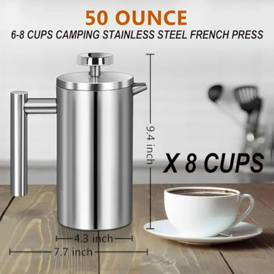 Large French Press Coffee Maker 50oz (1.5L), 304 Stainless Steel Double Wall Insulated Press for Camping, Backpacking