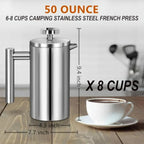 Large French Press Coffee Maker 50oz (1.5L), 304 Stainless Steel Double Wall Insulated Press for Camping, Backpacking