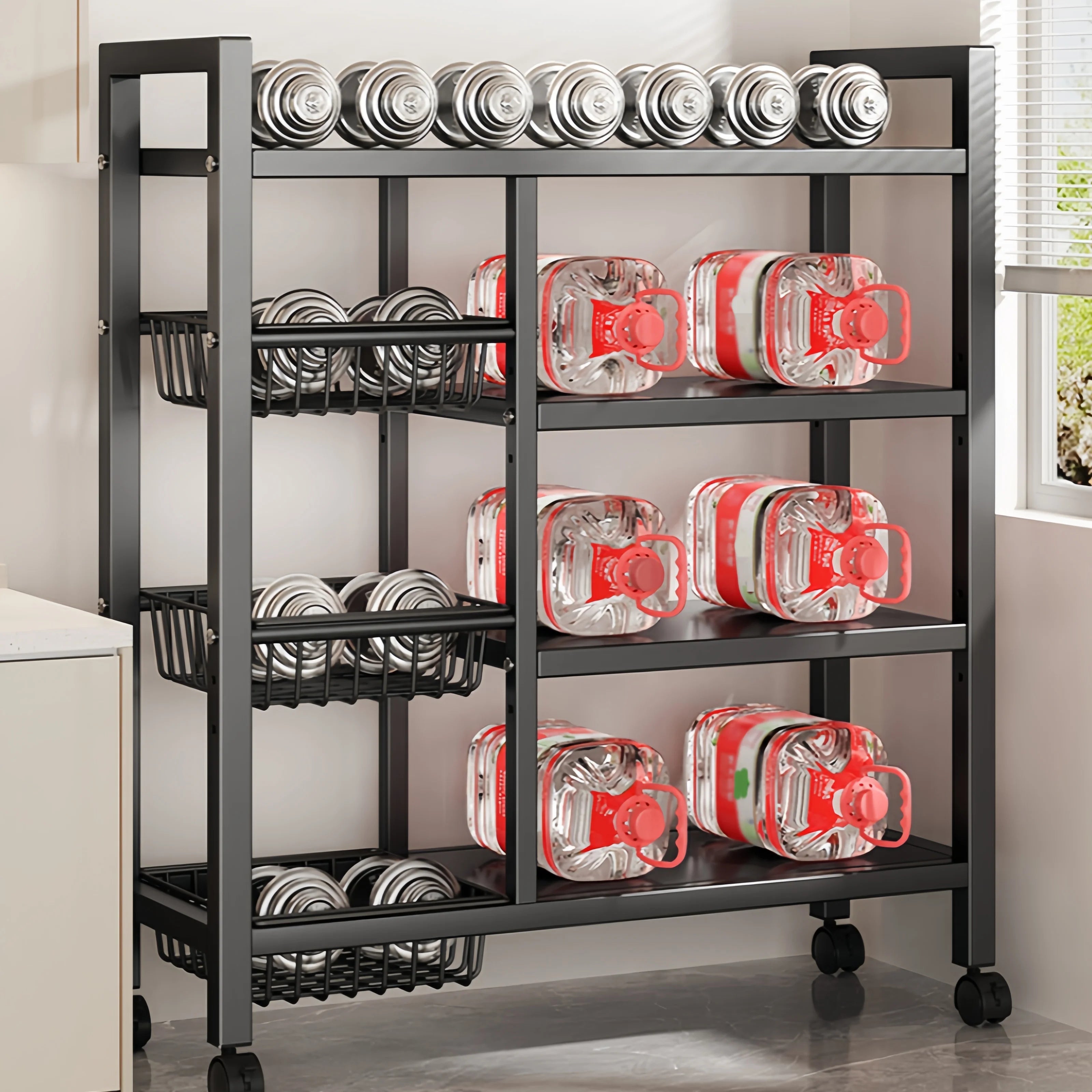 Multi-functional removable cabinet storage rack, 4 layers of black metal rack, multi-layer vegetable and fruit storage rack