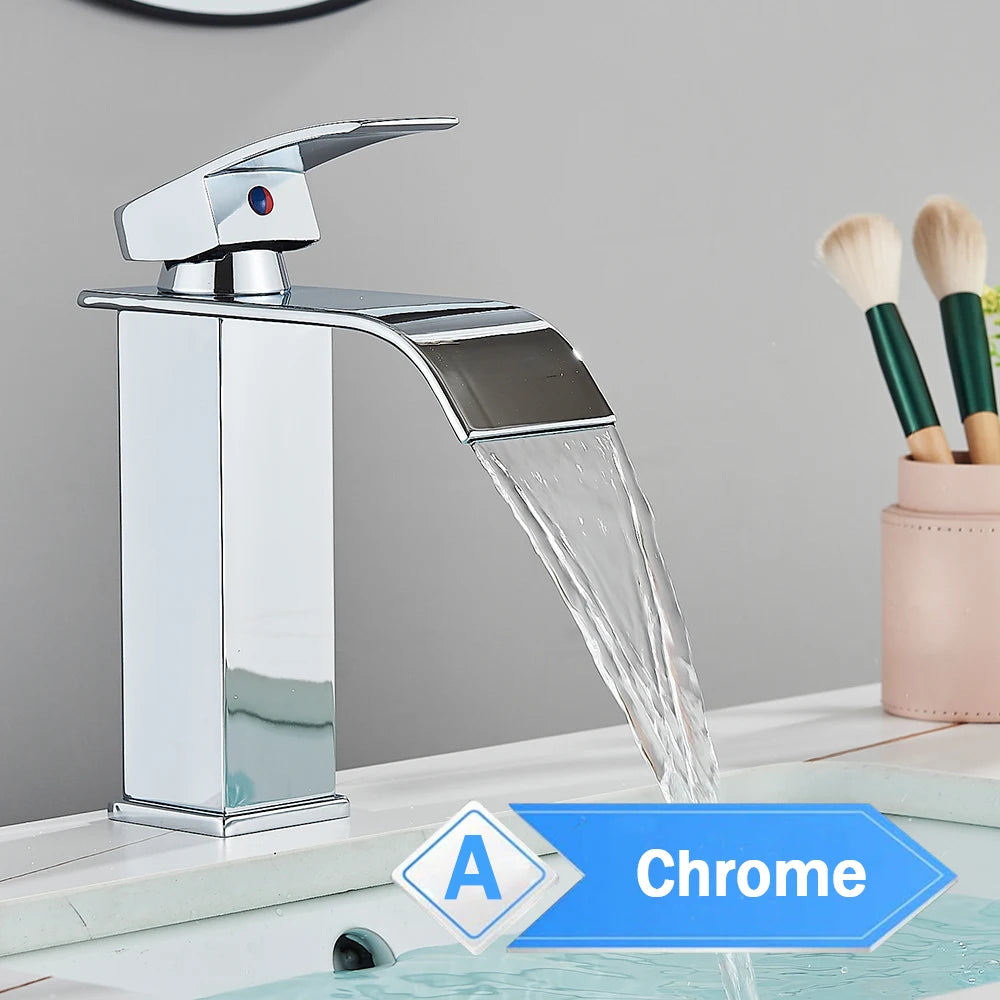 Deck Mounted Bathroom Basin Faucet Waterfall Vanity Sink Hot and Cold Water Mixer