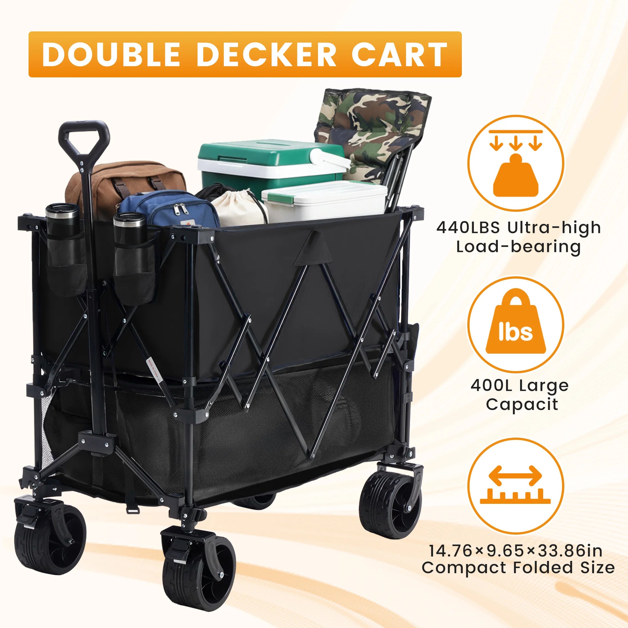 Outdoor Double Decker Wagons Cart 440 lbs Large Capacity Collapsible Foldable Cart for Grocery Garden Camping