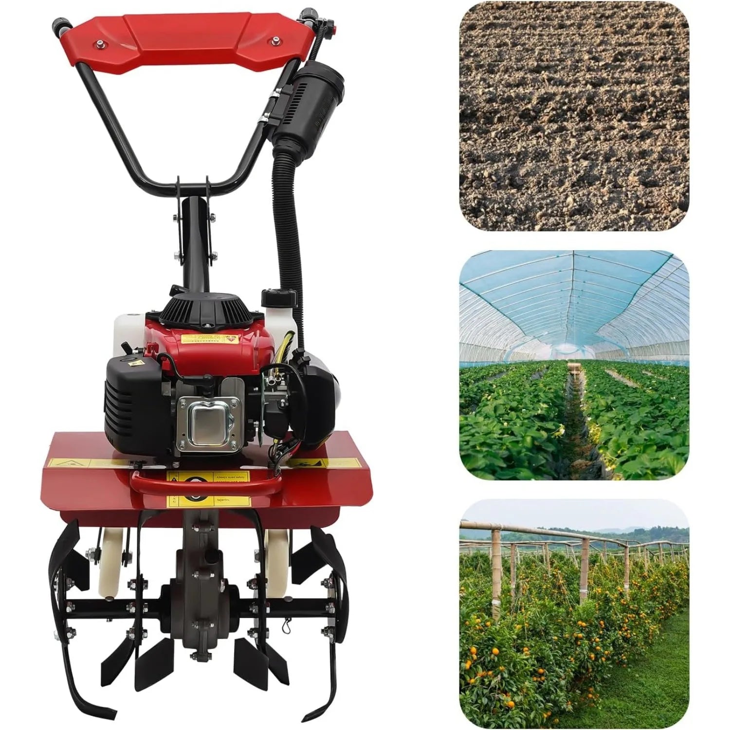 Full-Size Front Tine Tiller, 63cc Air-Cooled 4-Stroke Gasoline Engine for Garden, Soil Cultivation