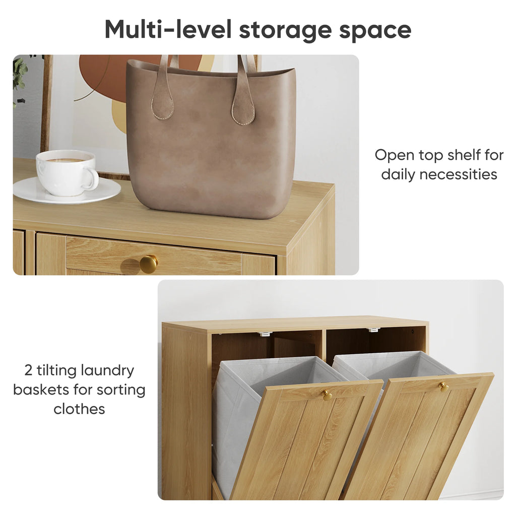 Tilted Laundry Hamper with 2 Removable Baskets, Free-Standing with Anti-Tip Kit, Oak