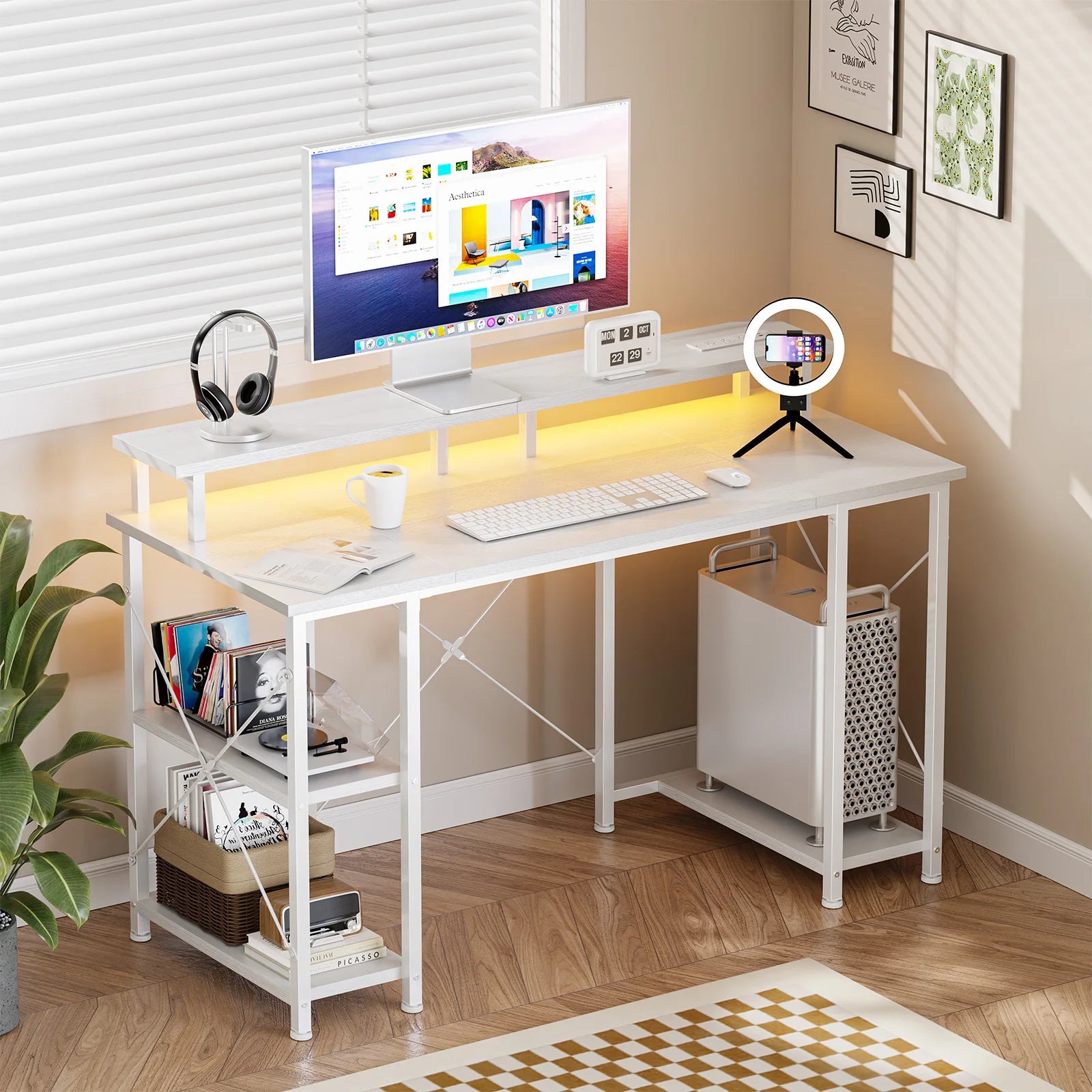 48 Inch Computer Desk with with Shelves Storage Drawers LED Lights Power Outlets Gaming Desk