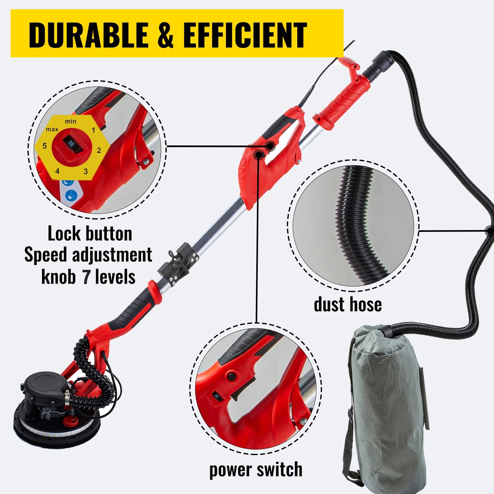 850W Variable Speed 800-1750 RPM Electric Drywall Sander with Telescope Handle