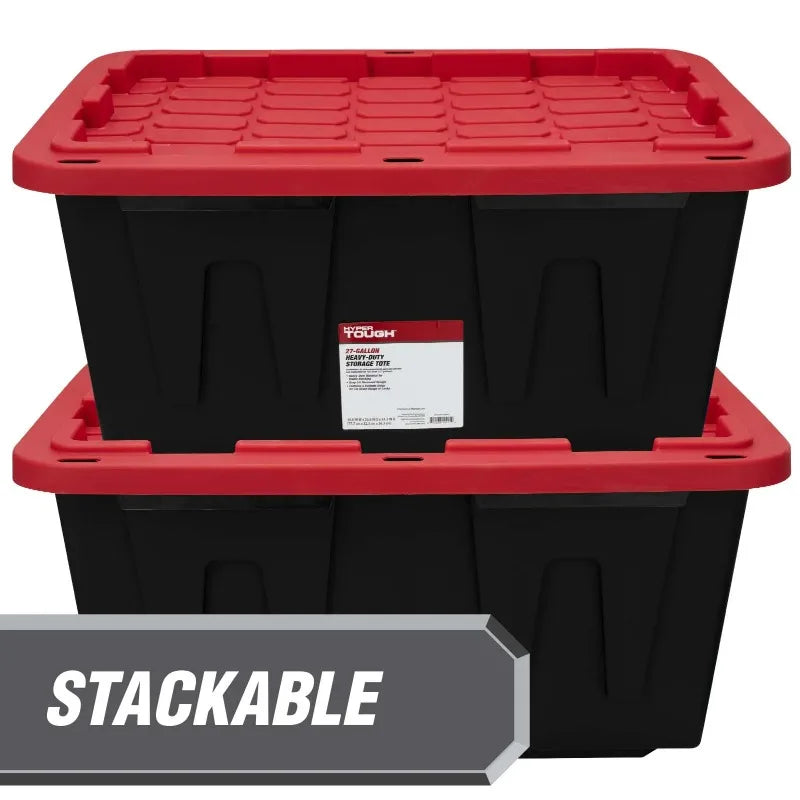 (6 pack/ 4pack) Large Storage Bin, 27 Gallon Plastic Storage Container with Snap-On Lid, Black and Red