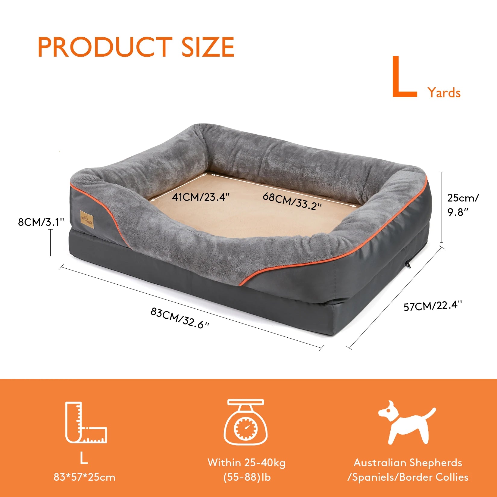 L XL 2XL 3XL Dog Bed, Super Soft Orthopedic Foam Pet Bed with Cotton-padded Bolster and Removable Cover