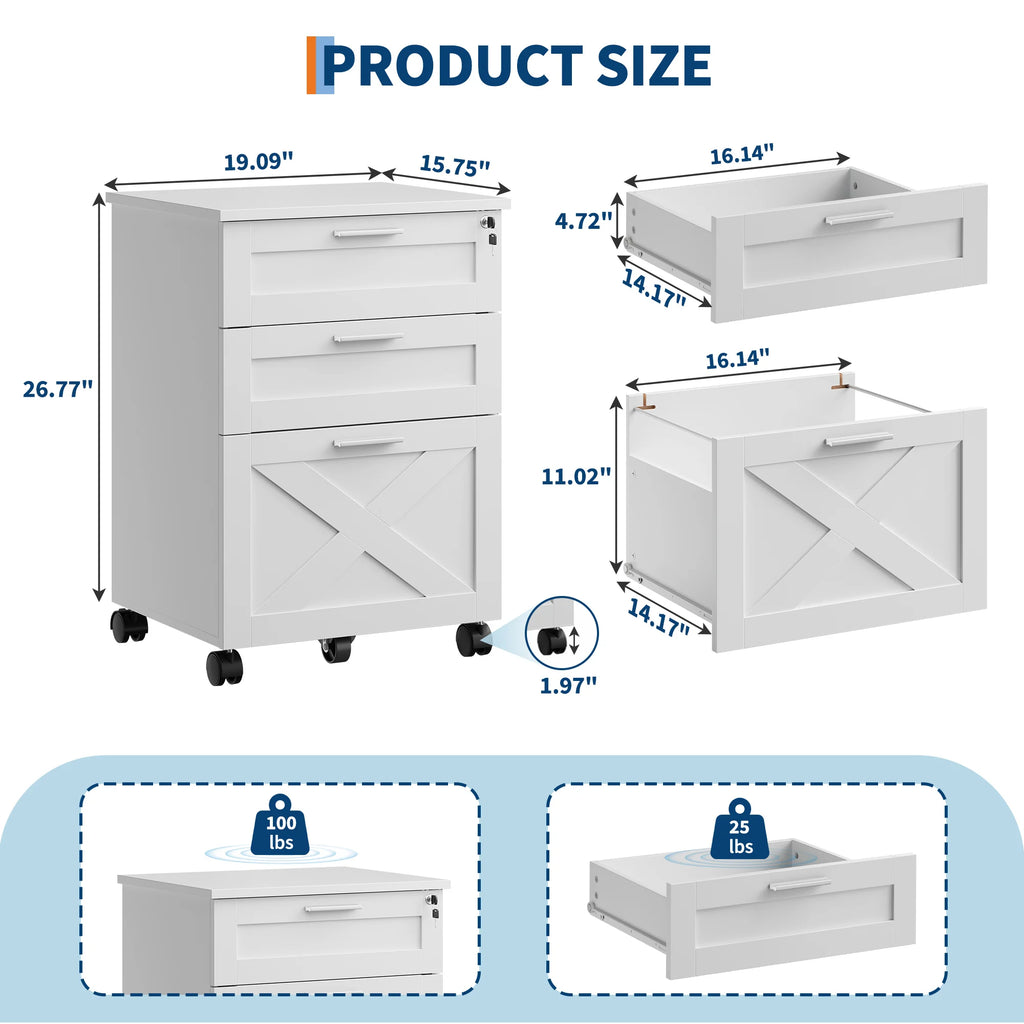 3 Drawer Rolling File Cabinet with Lock & Casters