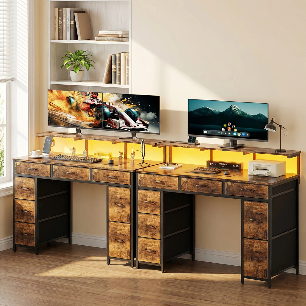 Computer Desk with 8 Storage Drawers, Adjustable Monitor Stand, Writing Desk with LED Lights & USB Power Outlets