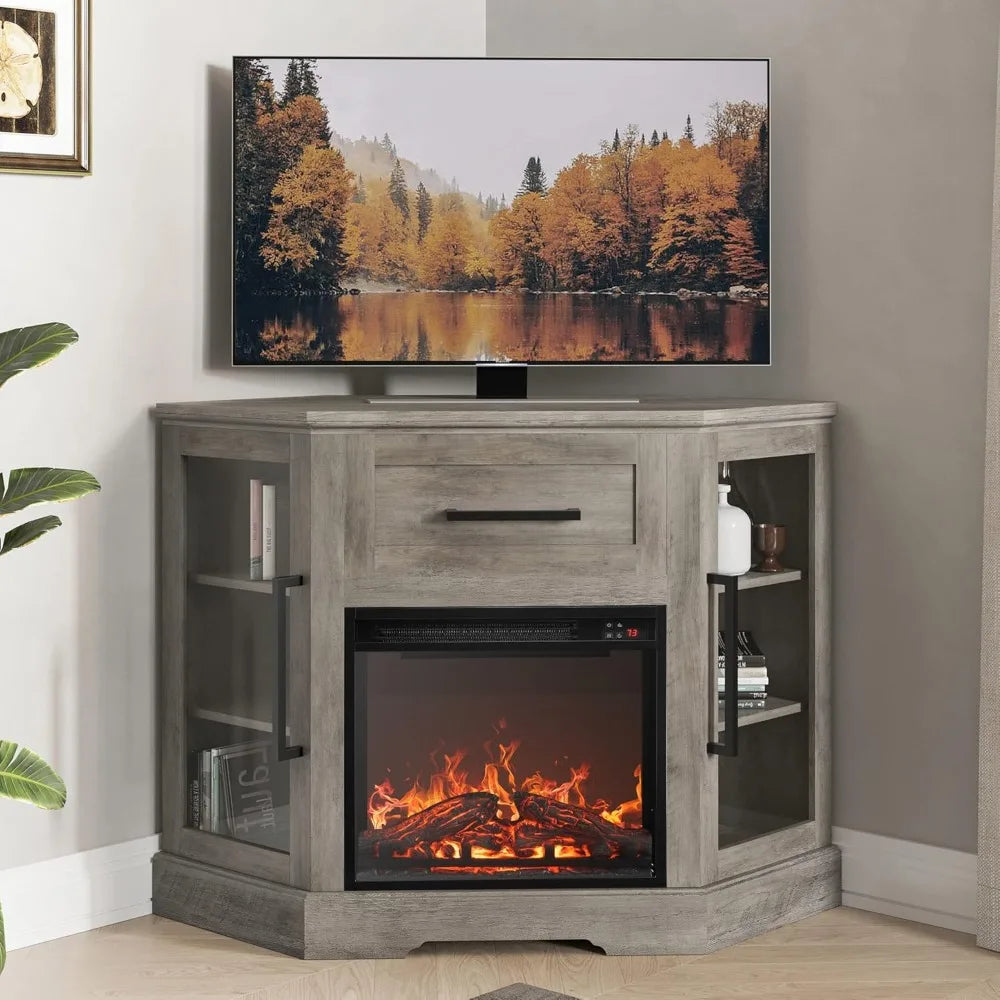 Corner TV Stand with 18" Electric Fireplace Heater for TVs up to 43"