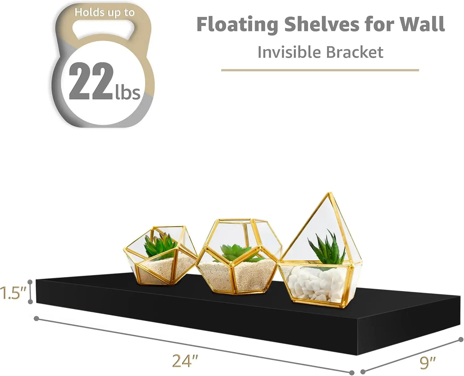 Floating Shelves for Wall - 24 Inch Bathroom, Bedroom & Kitchen Storage with Invisible Brackets (Black, 2 Pack)