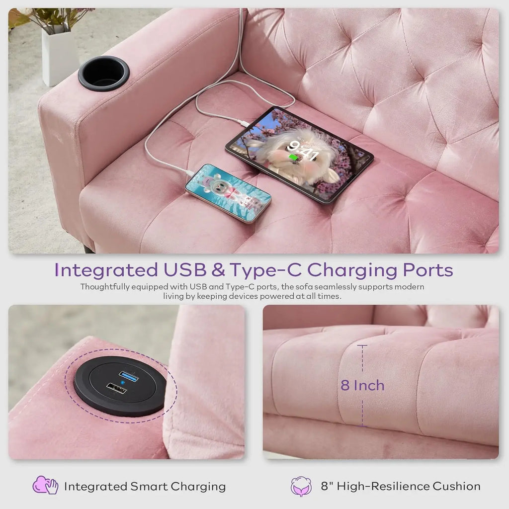 Pink Velvet Loveseat Sofa Set w/ 2 USB & 2 Cupholders