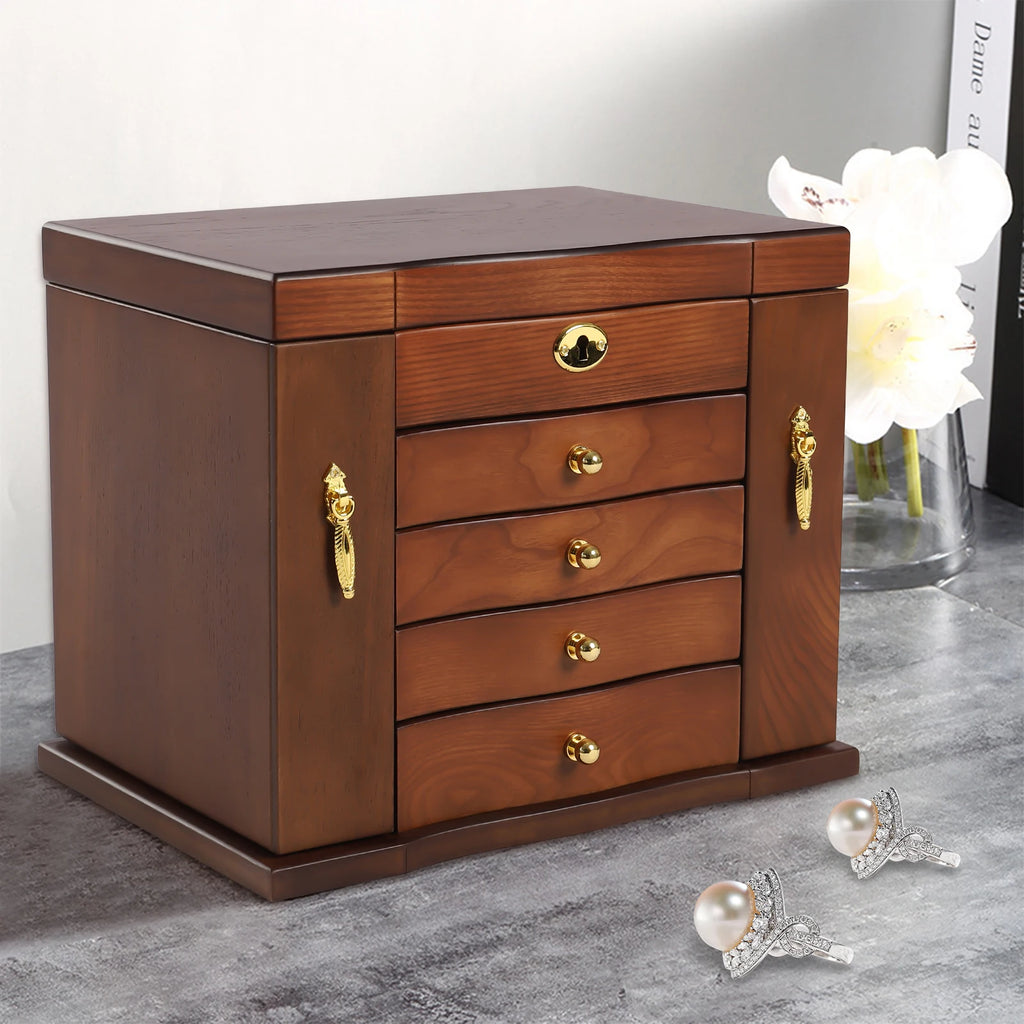 Wooden Jewelry Box with Lock Retro Drawer Style Display