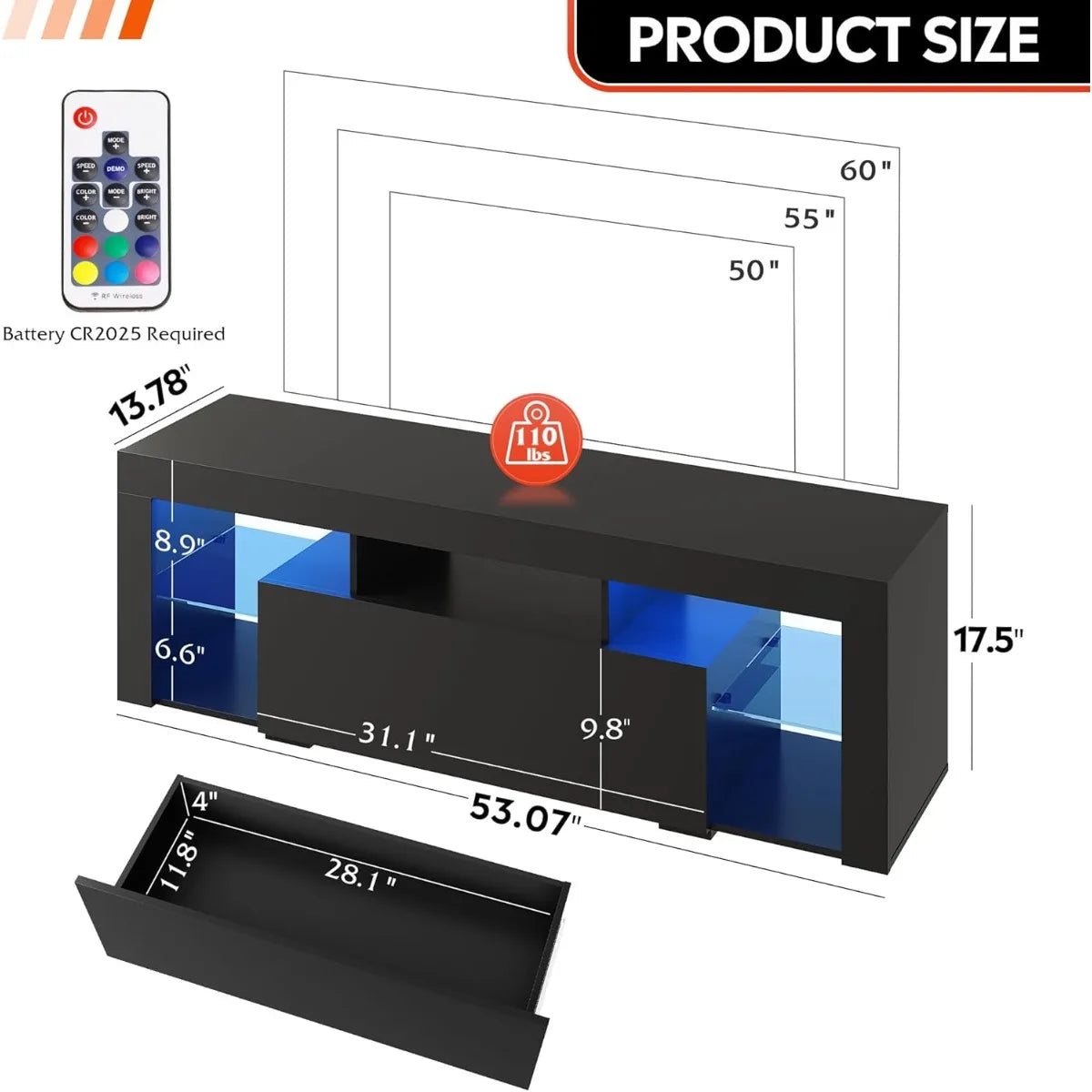 Modern Entertainment Center for 32-60 Inch TVs, LED Lights & 2 Drawers
