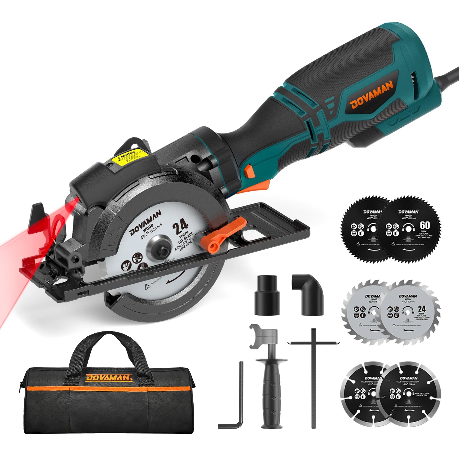 4-1/2" Circular Saw, Laser Guide, Metal Handle, 6 Blades, 1-11/16"(90°) Cut Depth, for Wood, Metal & Tile