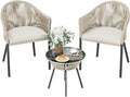 3 Pcs Rope Woven Bistro Set with 2 Wide Chairs, Cushions and Tempered Glass Table