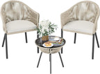 3 Pcs Rope Woven Bistro Set with 2 Wide Chairs, Cushions and Tempered Glass Table
