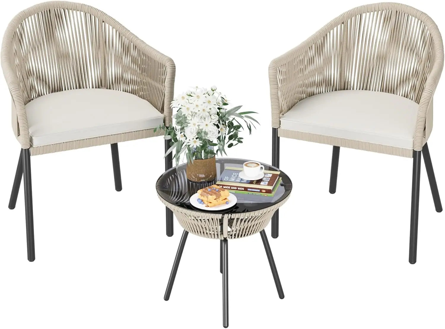 3 Pcs Rope Woven Bistro Set with 2 Wide Chairs, Cushions and Tempered Glass Table
