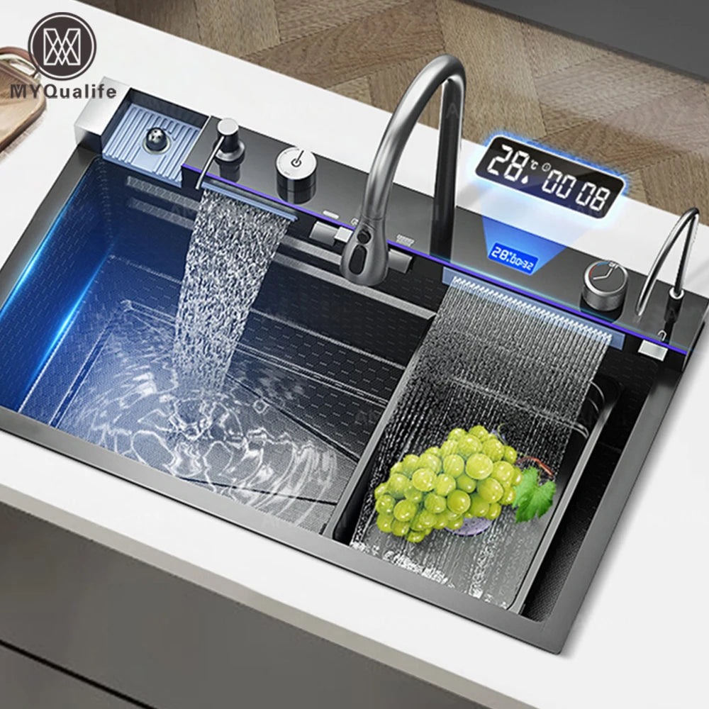 304 Stainless Steel Waterfall Kitchen Sink Large Single Slot