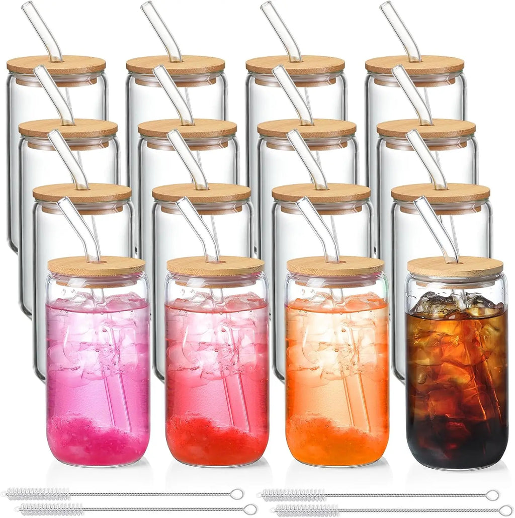 16 Pack Customizable Glass Cups with Lids & Straws, 16 oz Tumblers for Iced Coffee, Tea, Homemade Drinks