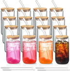 16 Pack Customizable Glass Cups with Lids & Straws, 16 oz Tumblers for Iced Coffee, Tea, Homemade Drinks