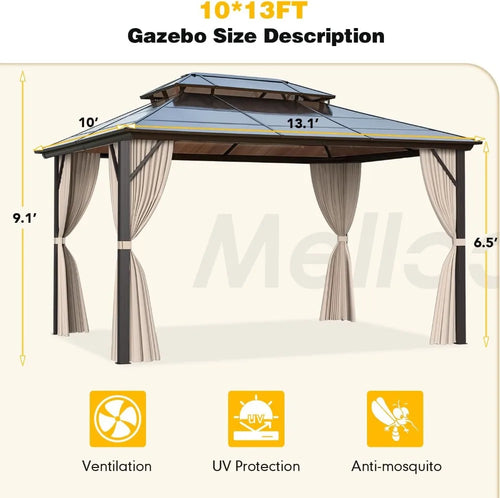 10x13ft Hardtop Gazebo with Double Roof, Waterproof Canopy, Netting & Curtains for Outdoor Patio Deck