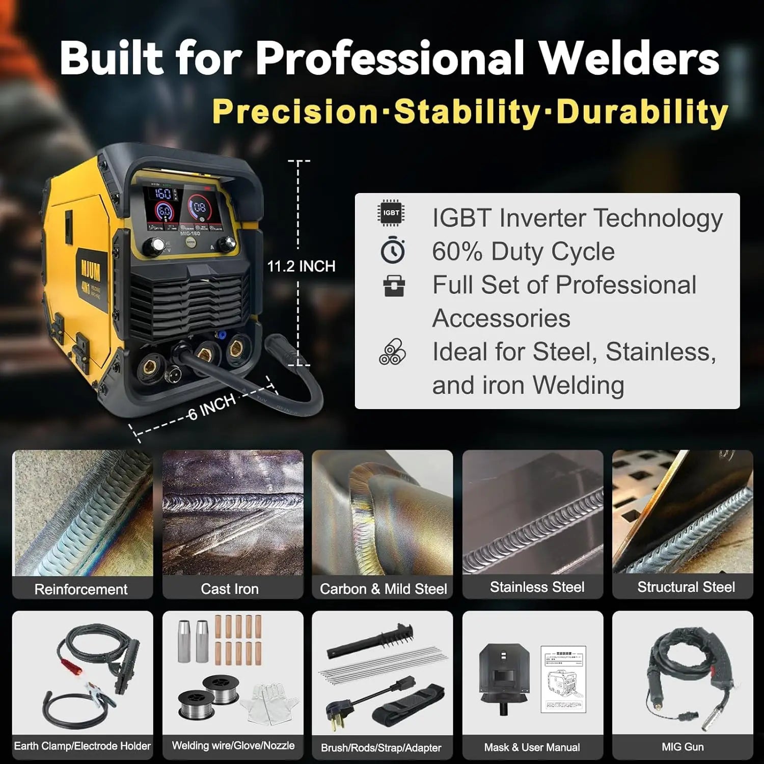 160A 4-in-1 AI Welding Machine: Dual Voltage MIG/TIG/Stick Welder with Smart Control for Home and Auto Repair