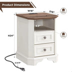 Farmhouse Nightstand Set of 2 with Charging Station, 18" End Table with 2 Drawers