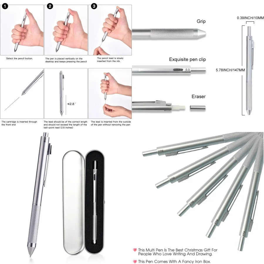 4-in-1 Multi-Function Refillable and Retractable Ballpoint Pen with 0.5mm Mechanical Pencil Fine Point Silver Metal Barre
