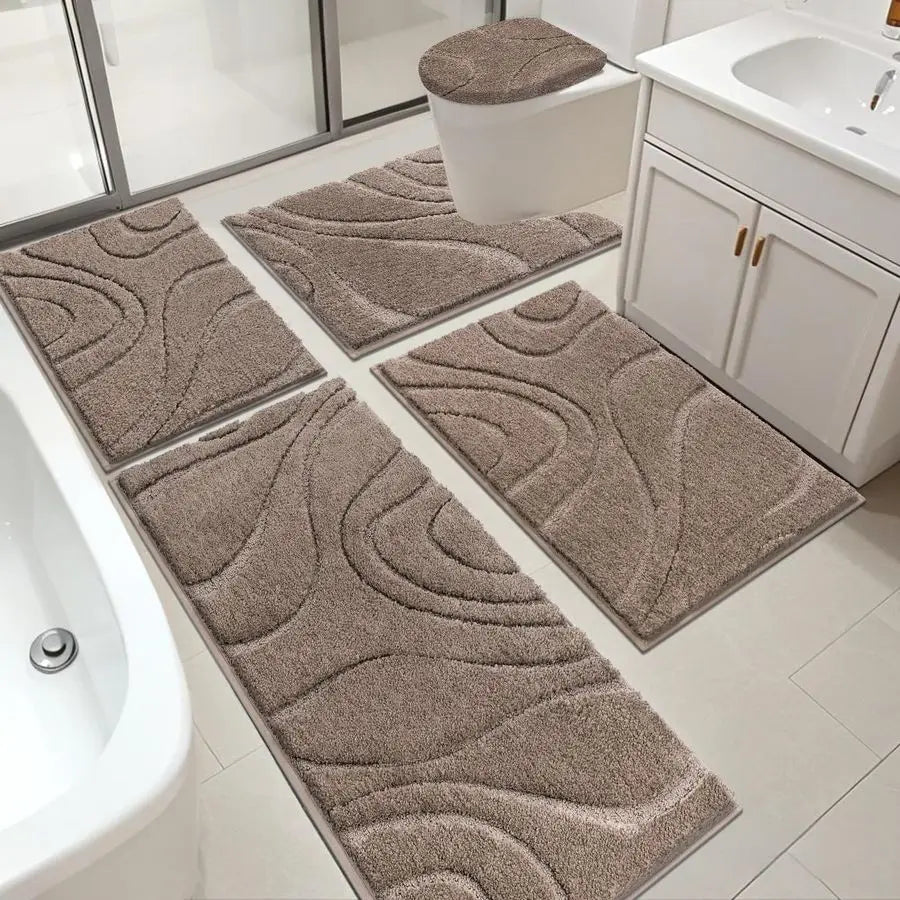 Bathroom Rugs Sets 5 Piece, Non Slip Washable Bath Rug Set with Toilet Cover