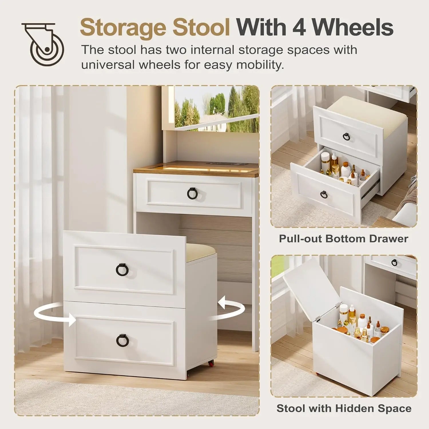 Small Compact Makeup Vanity Set with Hidden Storage Stool, Glass Top Dressing Table