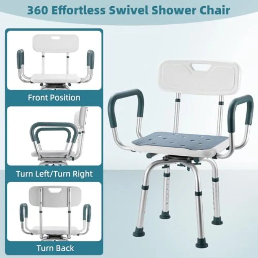 Swivel Shower Chair with Arms and Back 400 lbs Heavy Duty Shower Seat for Inside Shower Stall and Bathtub Height Adjustable