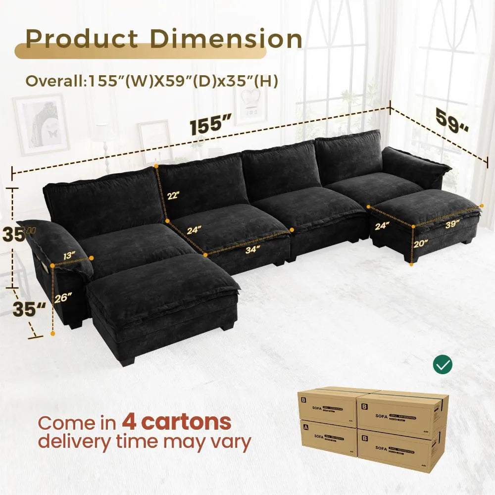 U-Shaped Modular Sectional Sofa, Cloud Couch with Ottoman,